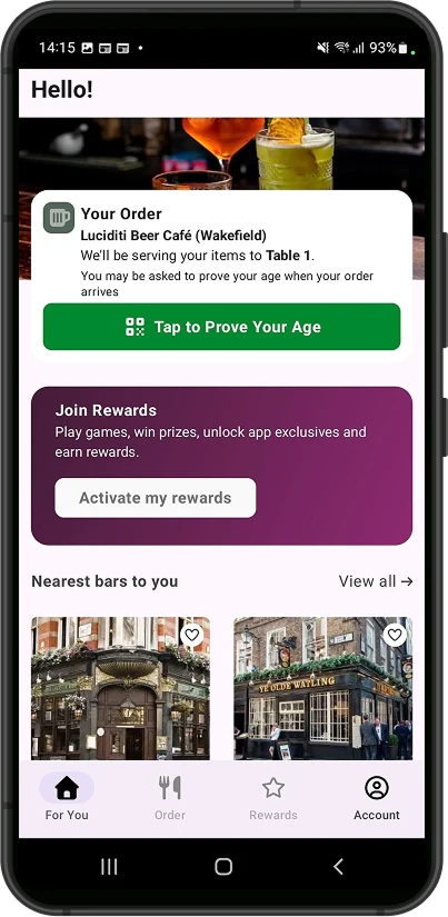 Luciditi in a venue app — tap to prove your age on your order
