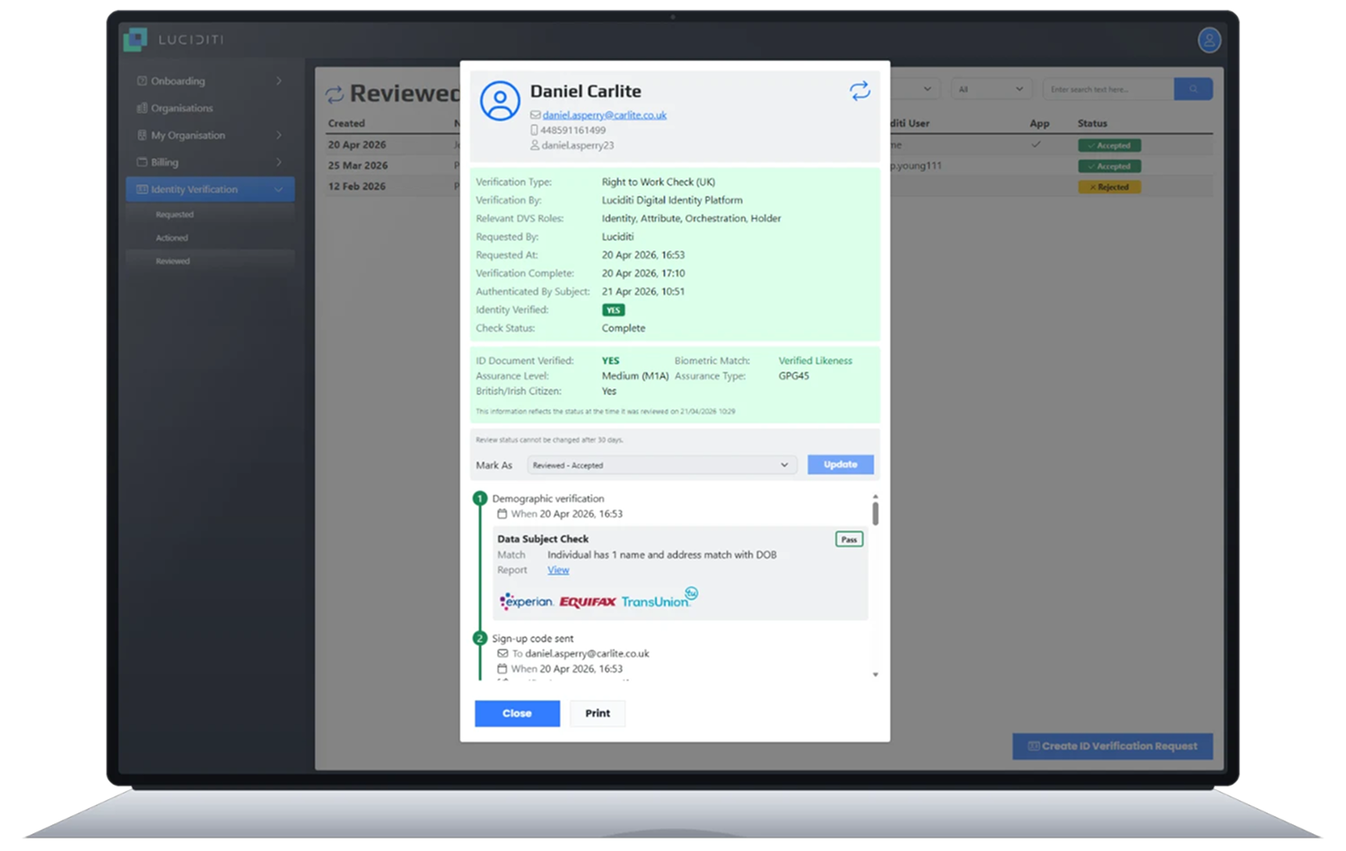 Luciditi Central — identity verification review dashboard on a laptop
