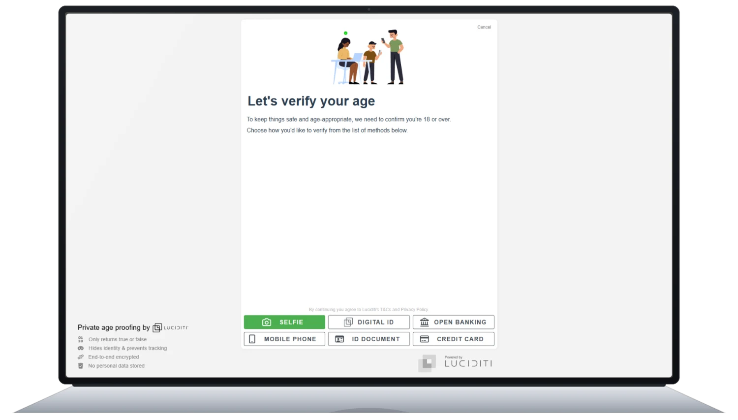 Luciditi age assurance — choose a verification method, shown on a laptop