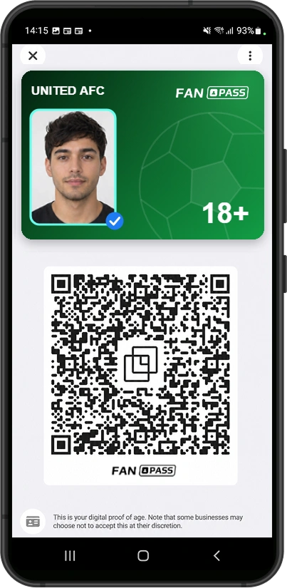 The supporter's club-branded FanPASS™ credential, presented as a one-time QR code.